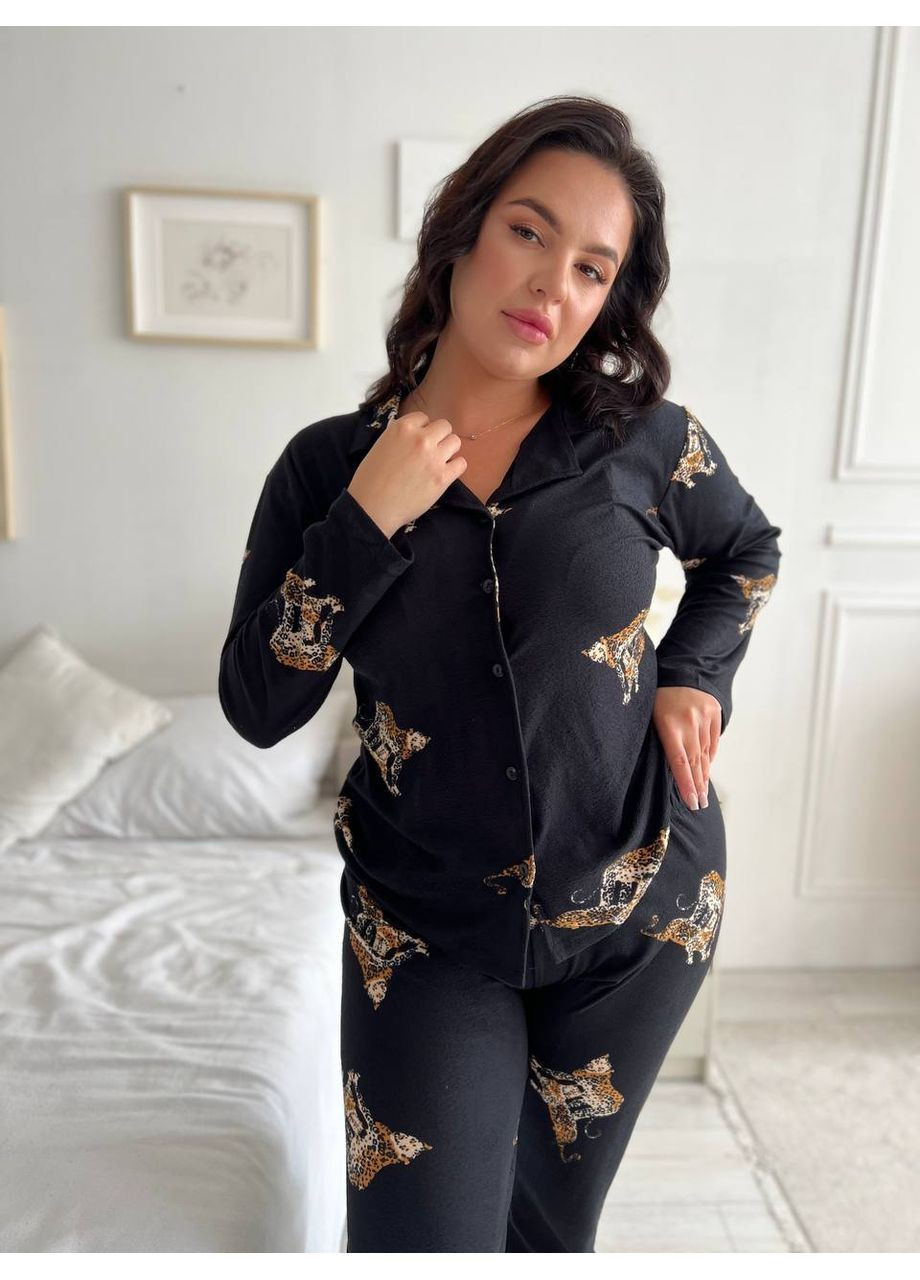 Чорна всесезон піжама жіноча домашній костюм plus size сорочка + брюки No Brand