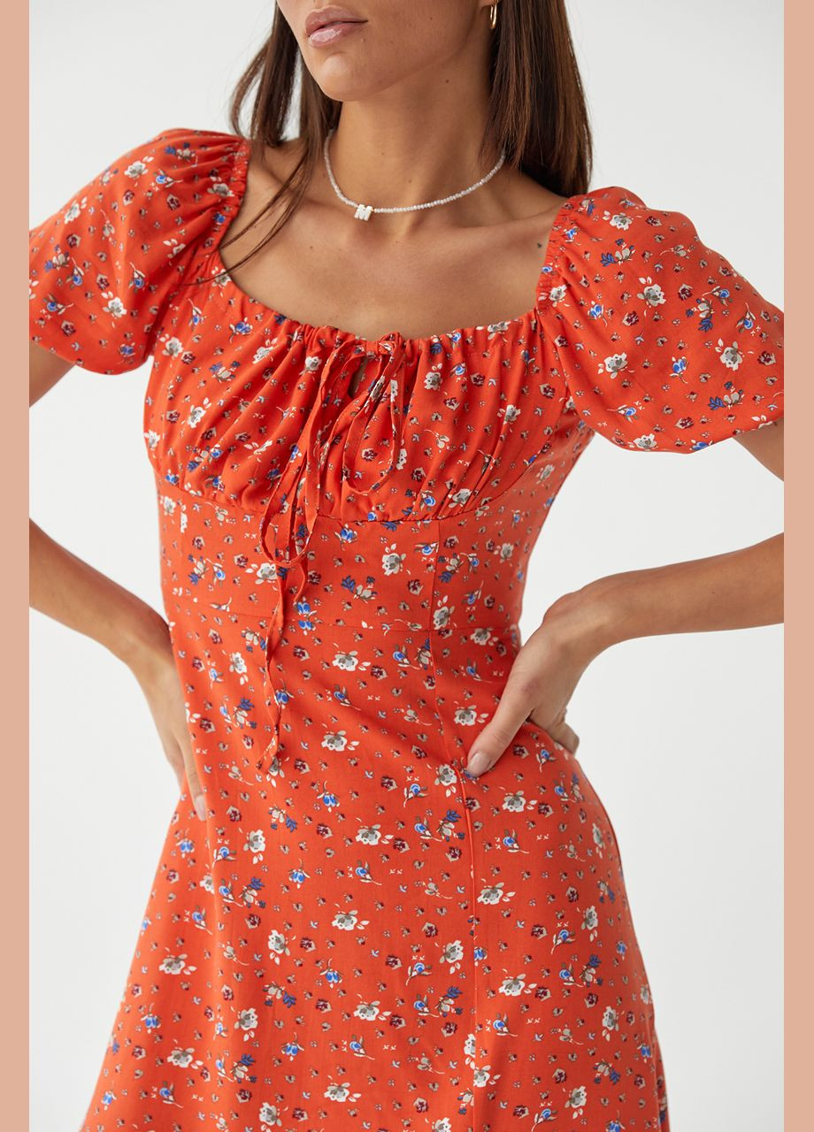 Теракотова повсякденний літня сукня-міді із зав'язками на грудях 036 Lurex з квітковим принтом