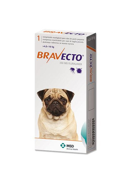Таблетка проти бліх і кліщів для собак і цуценят 4,510 кг 250 мг (8713184146519) Bravecto (279563798)