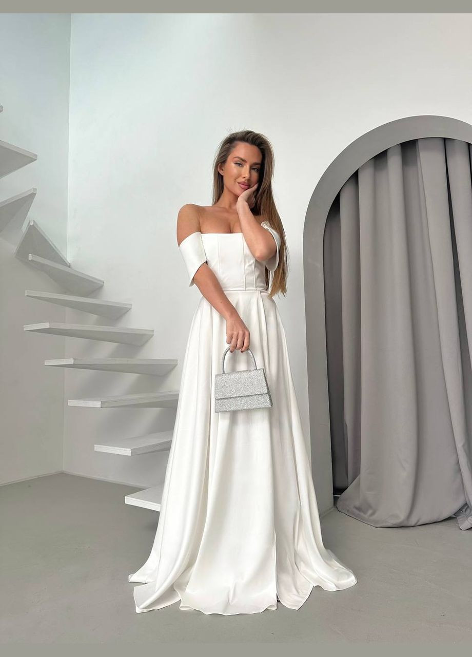 Білий святковий, коктейльна, вечірня вечірня корсетна сукня з спідницею-сонце, з відкритими плечима, з пишною спідницею, з корсетом Україна