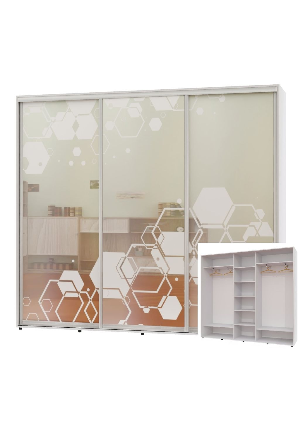 Шафа-купе тридверна 240*45*250 Білий Дзеркало з піскострумним малюнком ШК-04 Алекса (360453961)