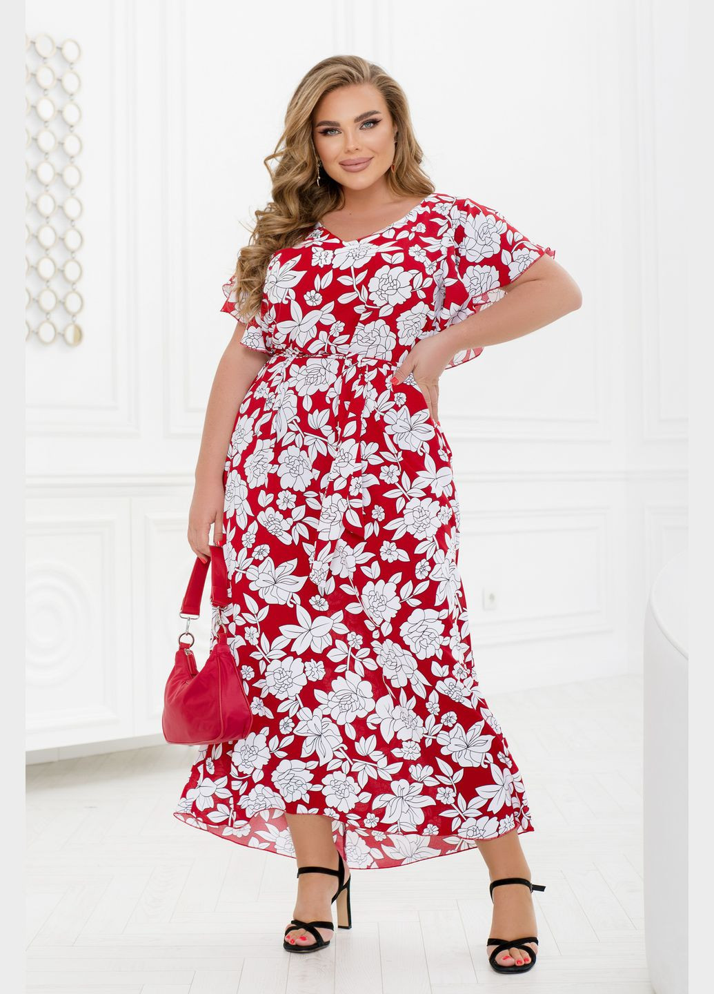 Червона повсякденний квіткова сукня максі дзвін No Brand з квітковим принтом
