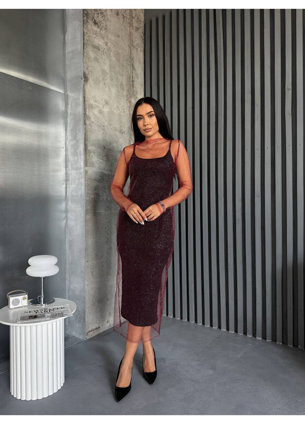 Чорна святковий, вечірня елегантна сукня 2-в-1 з блискучою сіткою Vakko однотонна