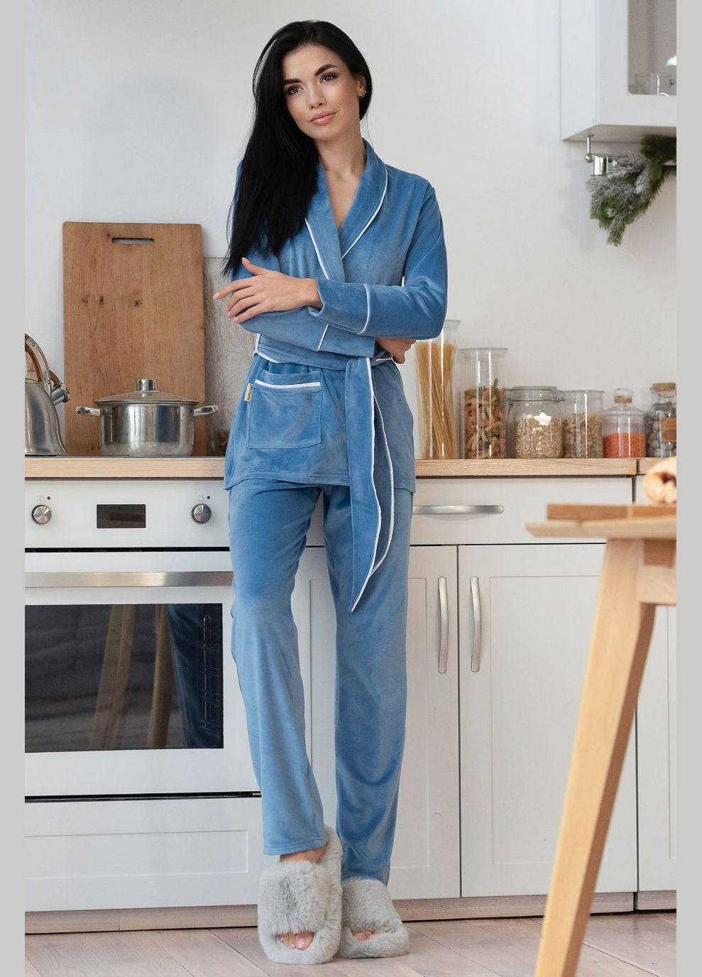 Комбінована всесезон набір жіночий велюровий під пояс кбл1424 блакитний MiaNaGreen