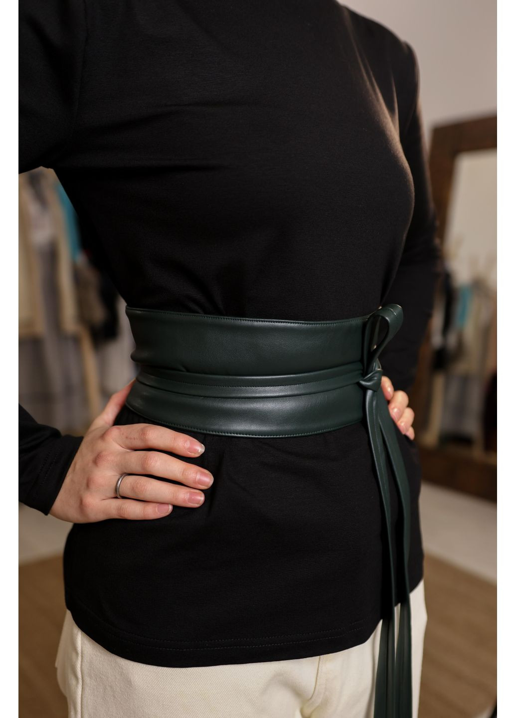 Жіночий пояс з еко-шкіри, темно-зелений, односторонній, Зерно (371646698)