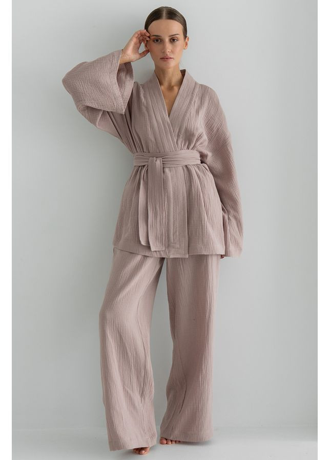 Бежева всесезон костюм кімоно з брюками з мусліну mokko Forly
