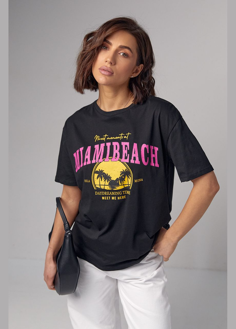 Черная летняя трикотажная футболка с принтом miami beach Lurex