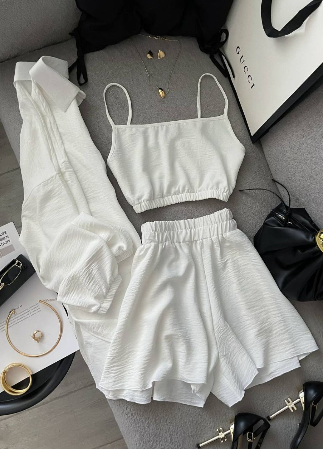 Изысканный легкий летний повседневный костюм тройка: рубашка+топ+шорты Allthings (344448125)