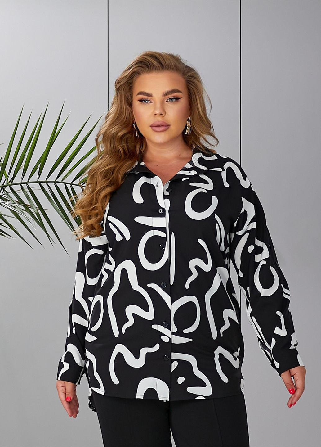 Черная классическая, повседневный рубашка с геометрическим узором No Brand с длинным рукавом