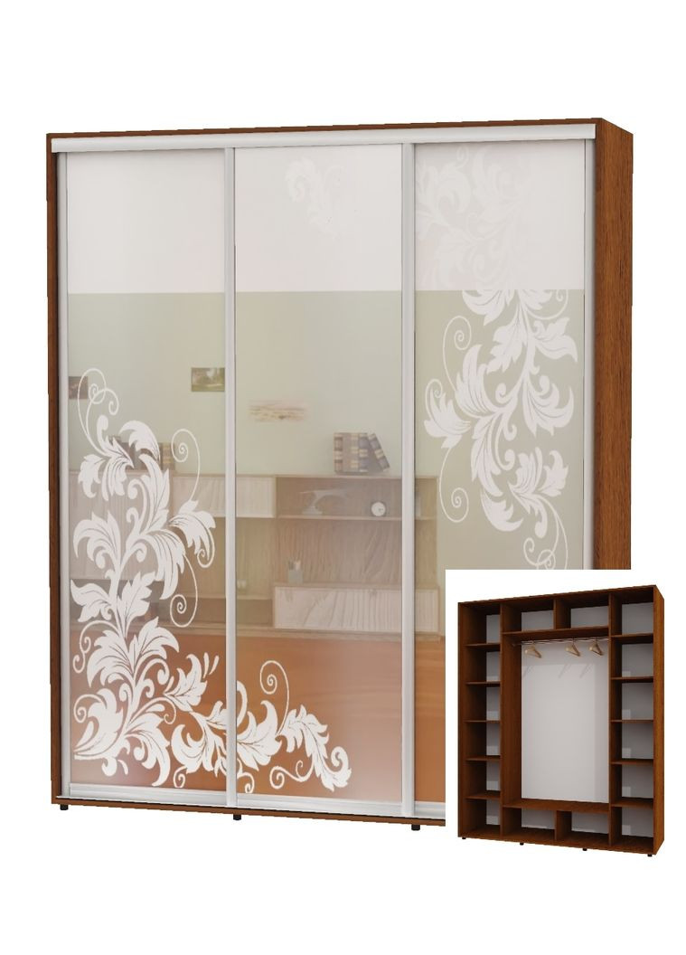 Шкаф-купе трехдверный 170*60*250 Орех лесной Зеркало с пескоструйным рисунком ШК-05 Алекса (360440034)