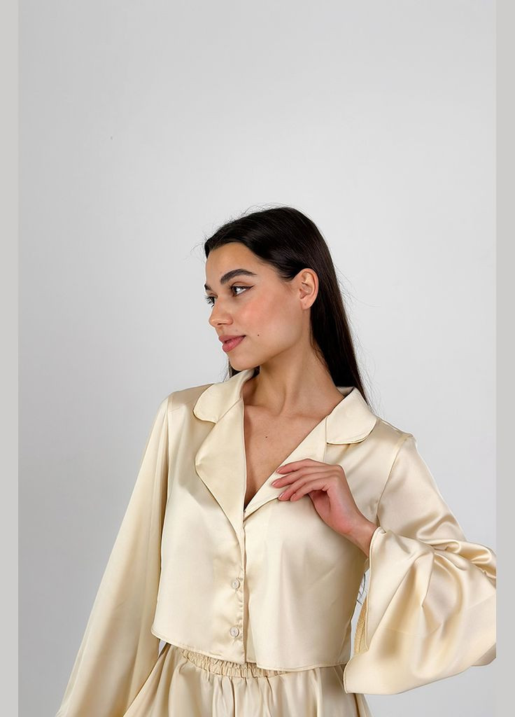 Бежева всесезон бежева піжама з шовку з сорочкою та шортами - joy kari shop atelier (183pj-18shs-bg) Ova Ova Brand