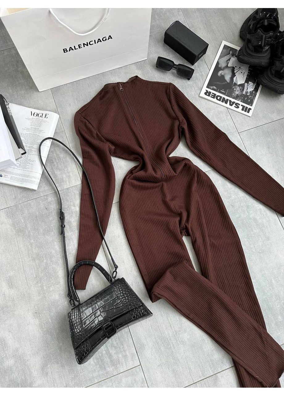 Жіночий комбінезон ангора рубчик на флісі No Brand Б1436/1437-415 комбінезон-брюки коричневий ангора, фліс