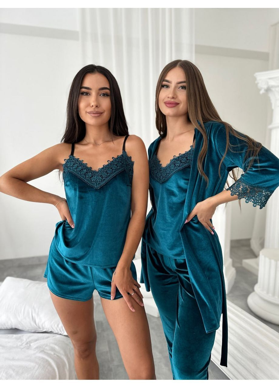 Бирюзовый демисезонный комплект 44-44 велюровая четверка: халат, майка, брюки и шорты. Україна