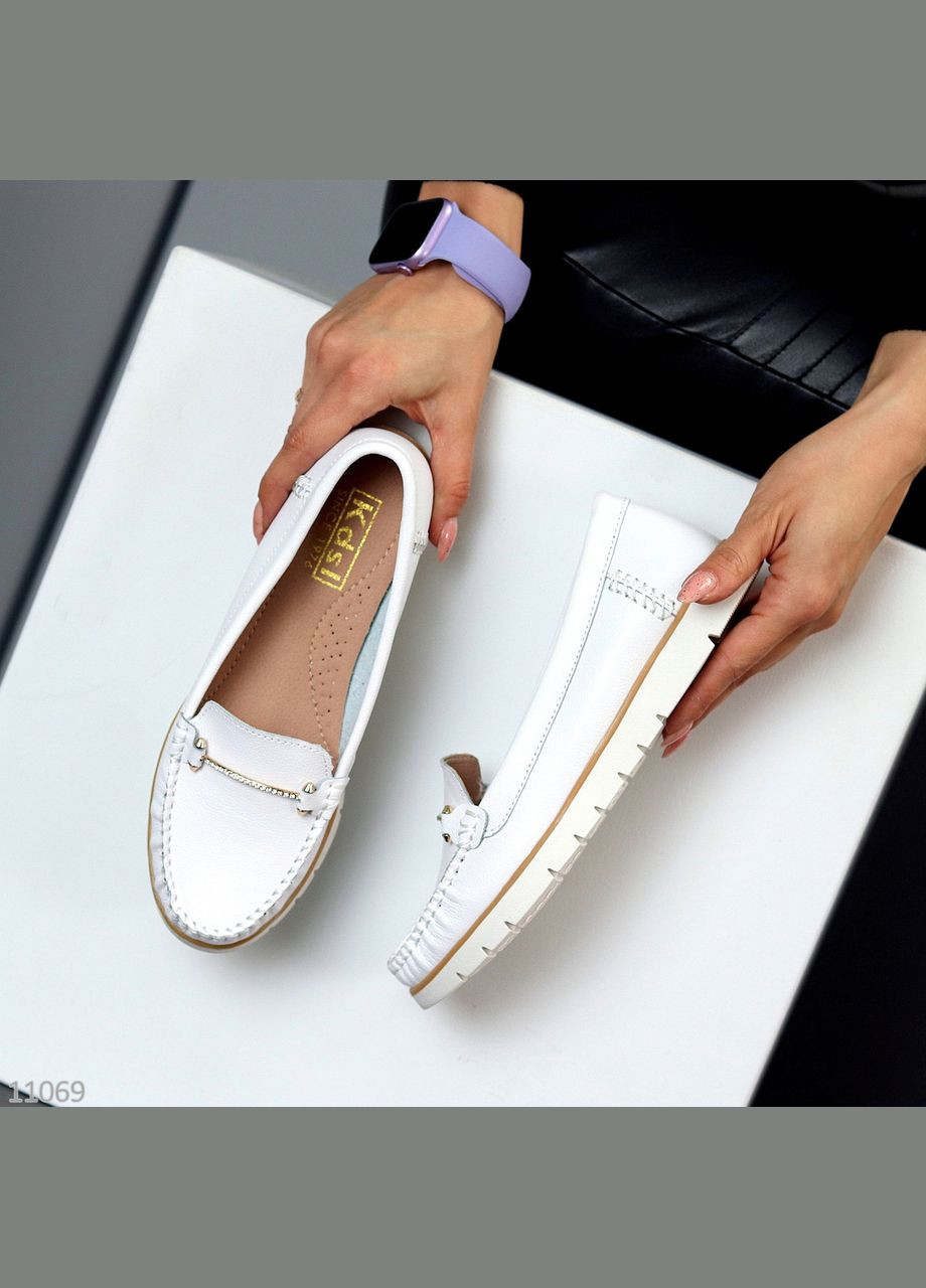 No Brand Класичні білі шкіряні жіночі мокасини натуральна шкіра стильний декор білий з, — (366704536)