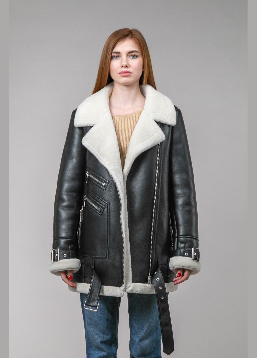 Черная дубленка косуха с белым мехом CHICLY (290665070)