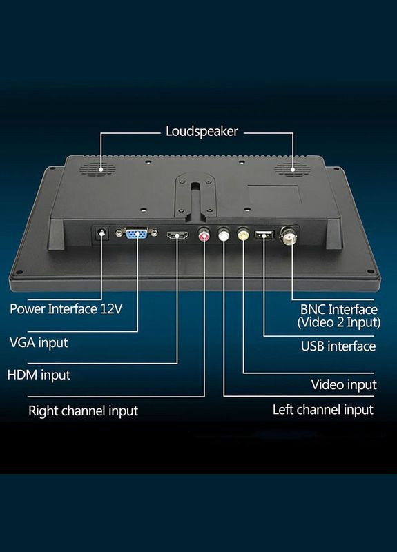 Монітор екран портативний 10'' для авто / відеоспостереження / ПК / моніторинг / HDMI, VGA, RCA, AV, USB / 12В No Brand (322567835)
