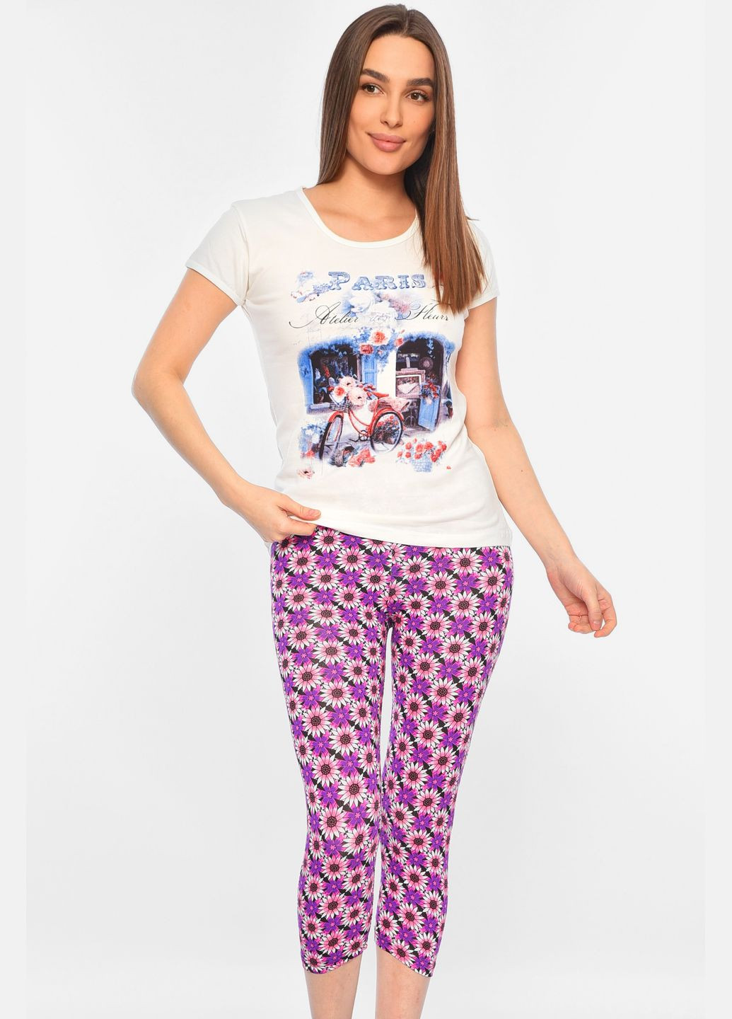 Белая всесезон пижама женская бело-розового цвета футболка + брюки Let's Shop