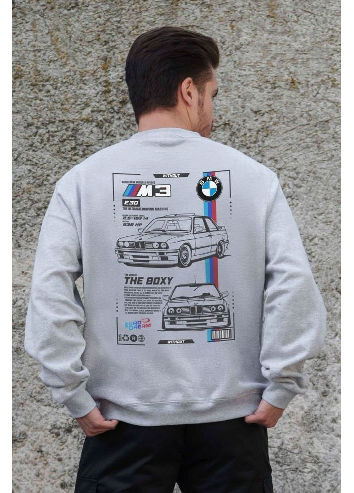 Сірий утеплений оверсайз світшот на флісі з принтом bmw gray Without (362357891)