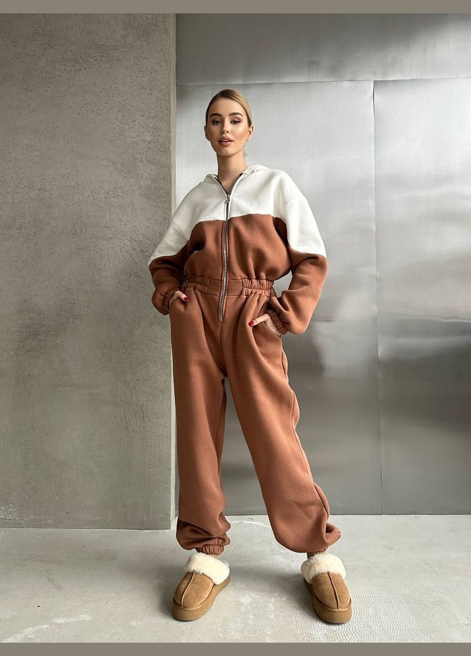 Женский теплый комбинезон на флисе No Brand комбинезон-брюки песочный повседневный флис, трехнитка