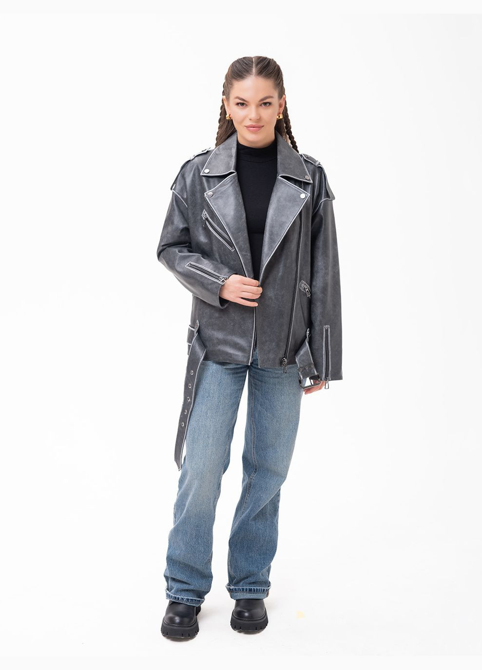 Сіра демісезонна жіноча шкіряна куртка весна Fabio Monti