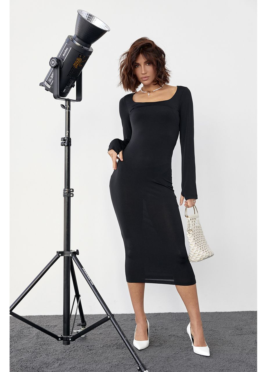Черное повседневный, вечернее силуэтное платье миди с квадратной горловиной силуэтная Byron однотонное