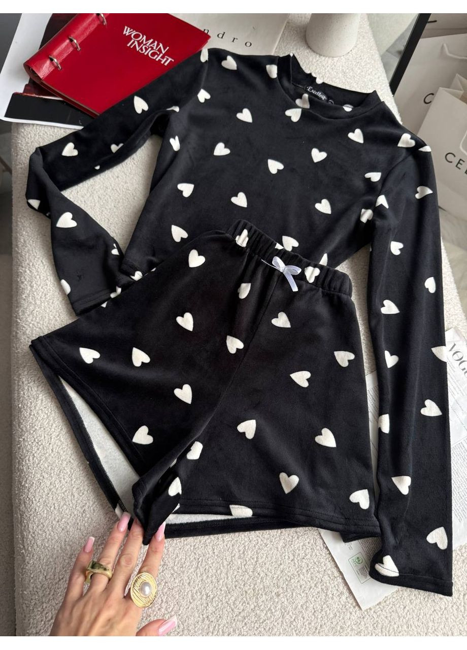 Черная всесезон пижамка из плюшевого велюра — замеры в описании свитшот + шорты DK/DL Мода без кордонів