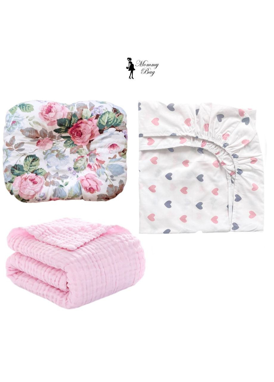 Набор 3в1 в детскую кроватку RoyalBaby – №7 Цветочки и сердечки с муслиновым пледом (розовым) Mommy Bag (285720508)