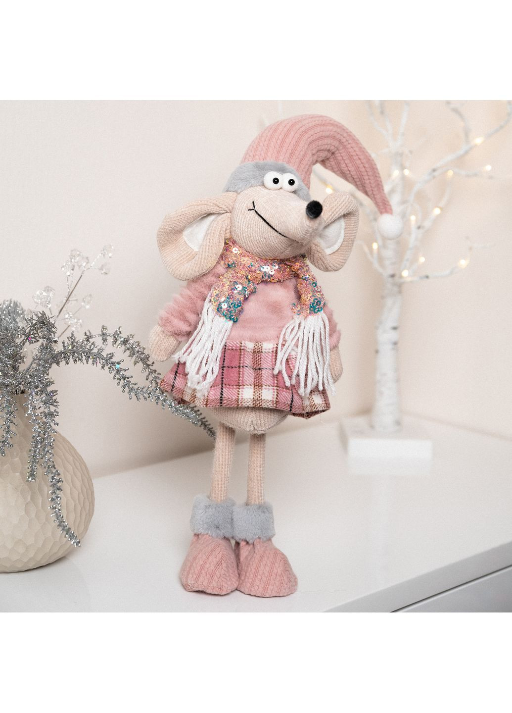 Новорічна м'яка іграшка Мишеня Дівчинка в рожевому 59см (974786) Novogod'ko (364358529)