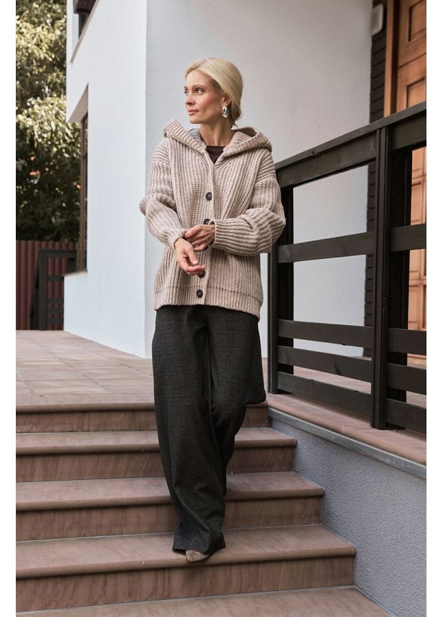 Бежеве зимнє Жіноче в’язане пальто з капюшоном (2917) Triko Bakh