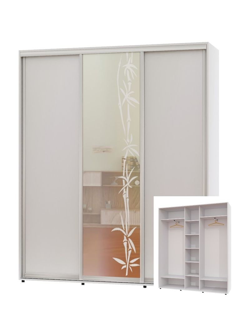 Шафа-купе тридверна 200*45*220 Білий 2 ДСП/Дзеркало з піскострумним малюнком ШК-04 Алекса (360432447)