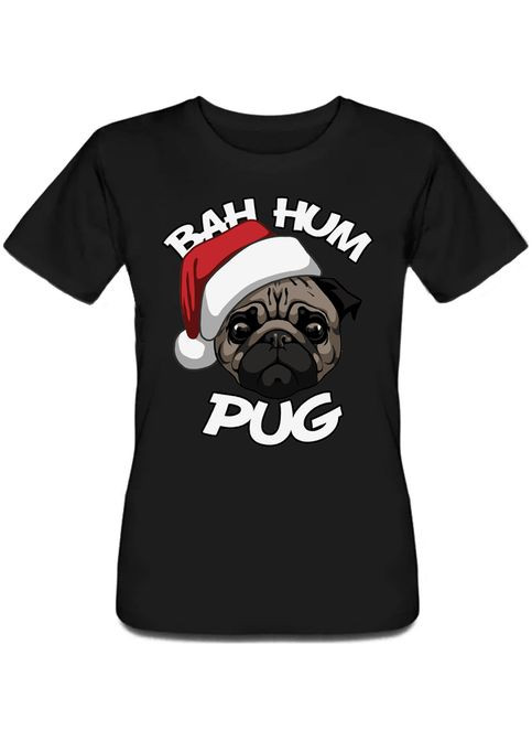 Черная летняя женская новогодняя футболка bah hum pug (чёрная) Fat Cat