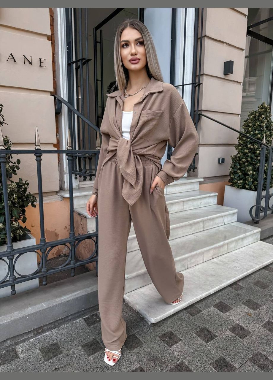 Коричневый демисезонный брючный костюм из креп жатки No Brand