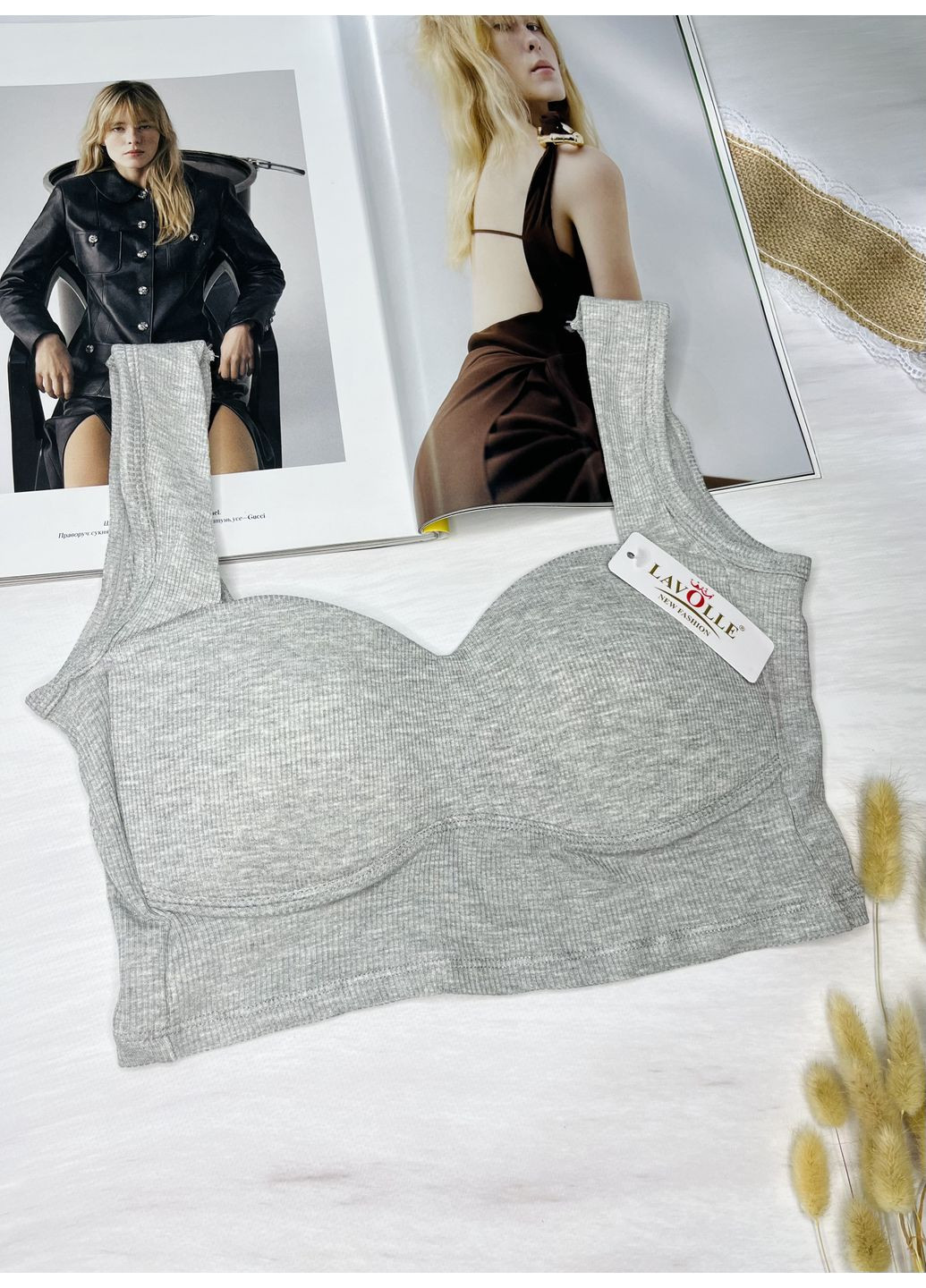 Серый топ топ в рубчик со вшитым поролоном Lavolle без косточек спандекс, вискоза