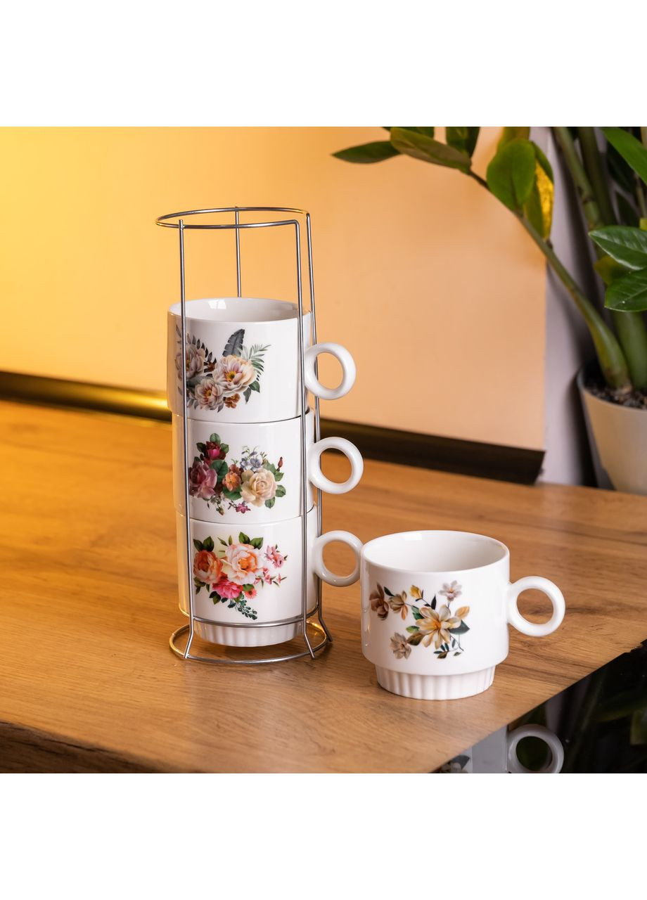 Набор чашек для чая и кофе на металлической подставке Flower 4 (шт) по 300 (мл) подарочный набор фарфоровых чашек FM-7 Yiwu (369743519)