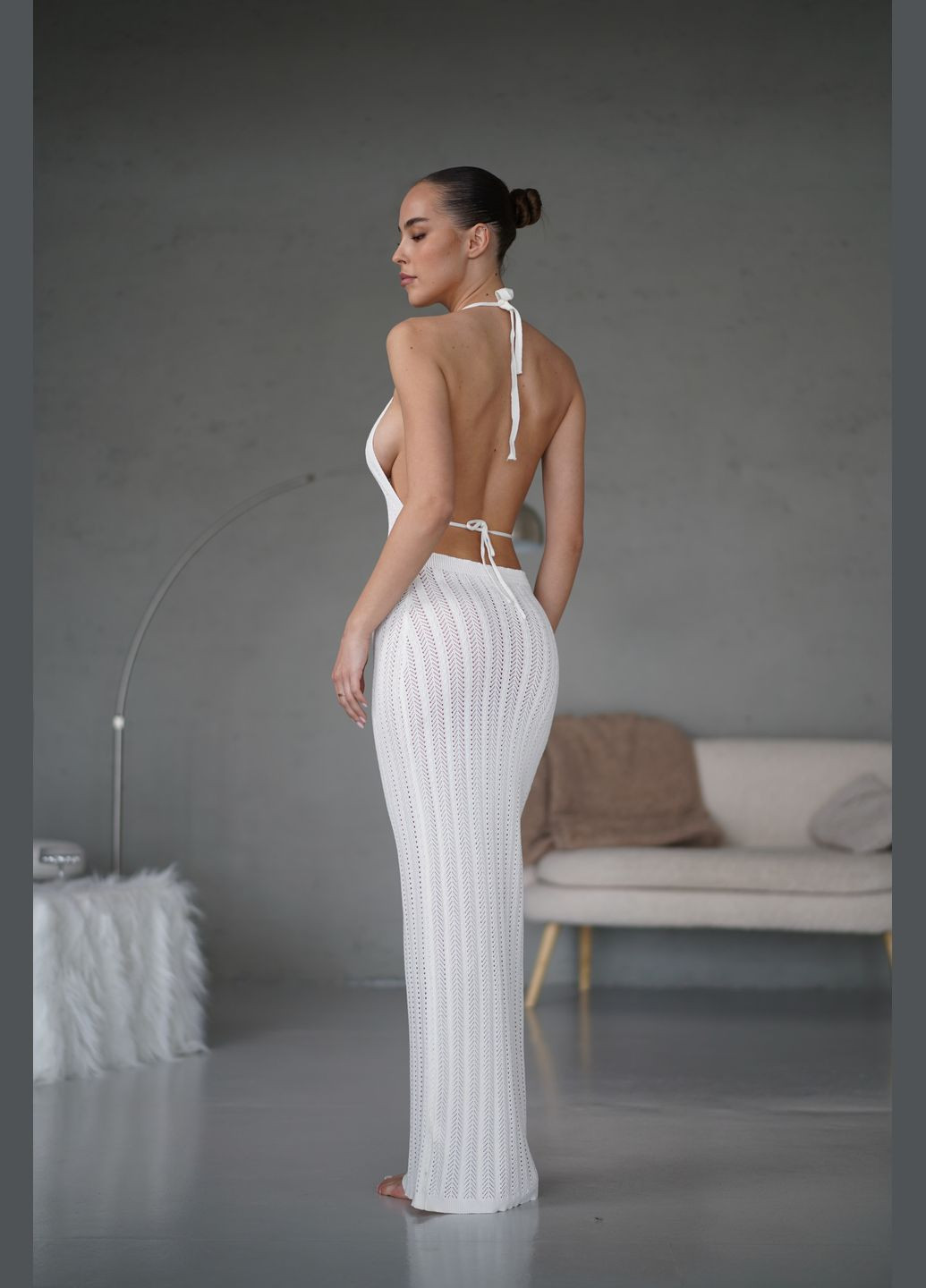 Молочное платье пляжное вязаное молочного цвета No Brand