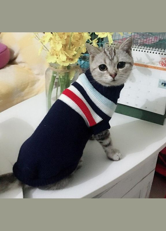 В'язаний акриловий светр для котів Pet Style "Синя зі смугами" XS No Brand - (323235794)