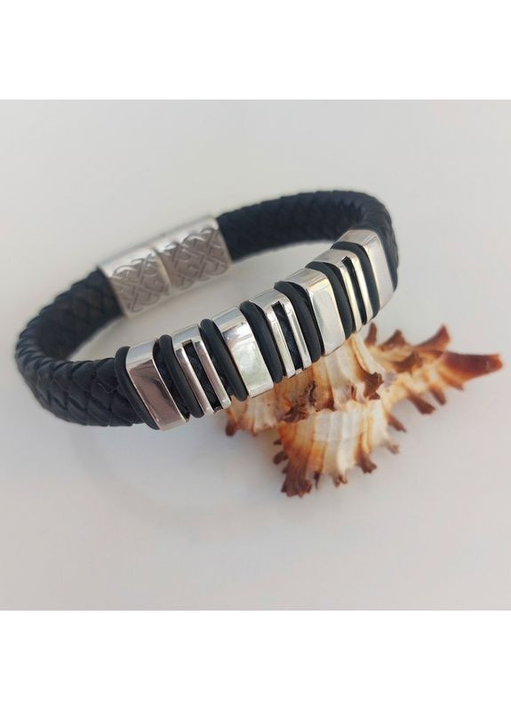 Браслет зі шкіри зі срібними гладкими вставками 21 см No Brand (355921997)