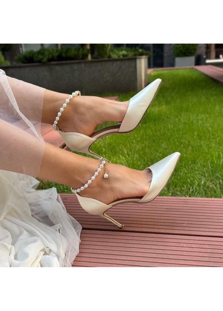 No Brand Женские туфли свадебные атласные и ремешком жемчуг и брошью 7,5 см. белый з текстиль, — (351394398)