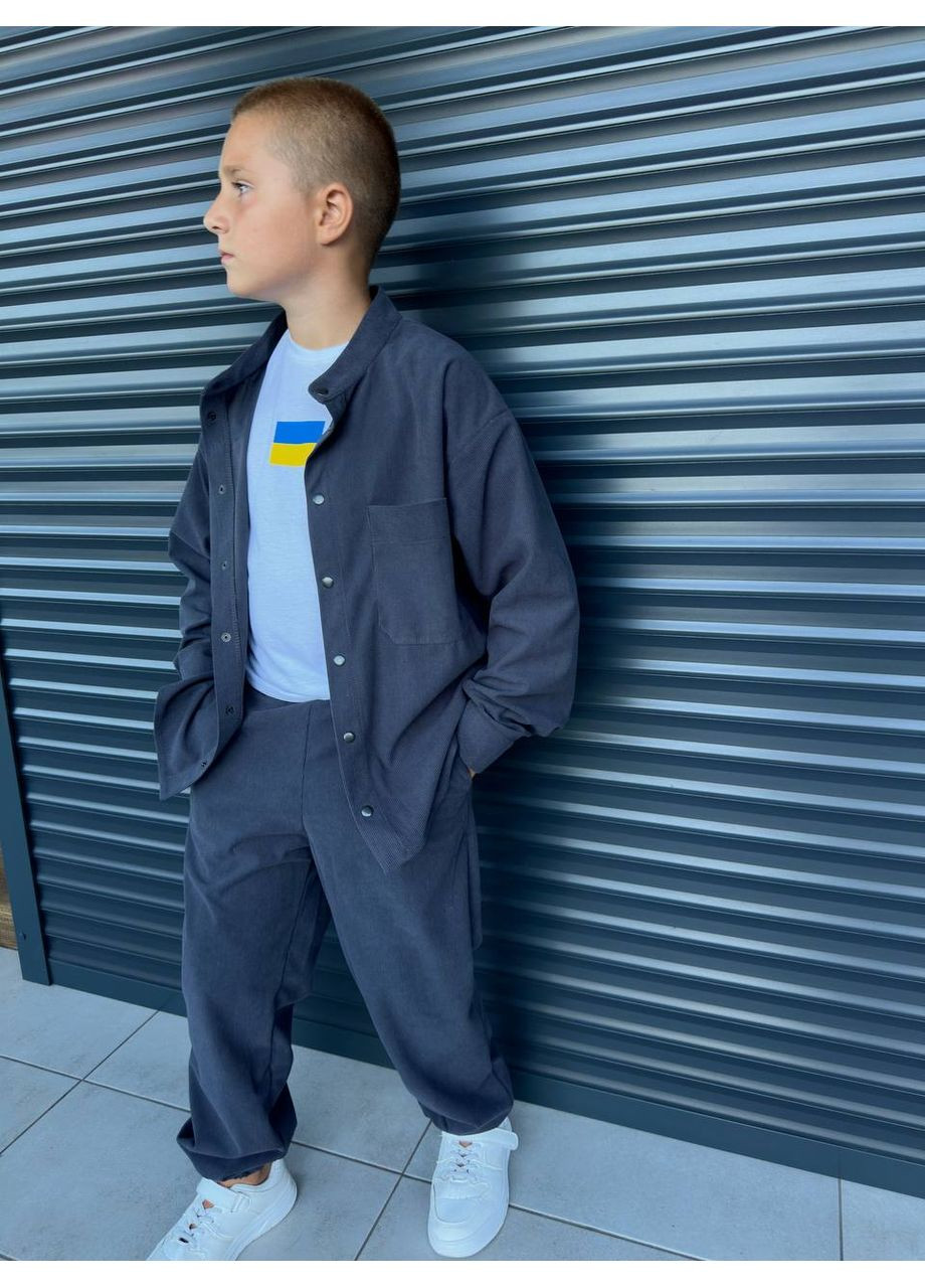Серый костюм для мальчиков из микровельвета, брюки и рубашка на кнопках. Україна