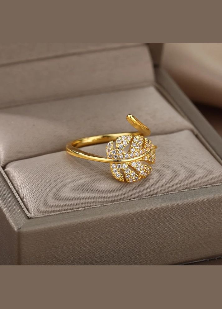 Каблучка жіноча золотиста у формі пальмового листа вкрита білими фіанітами р регульований Fashion Jewelry (285814501)