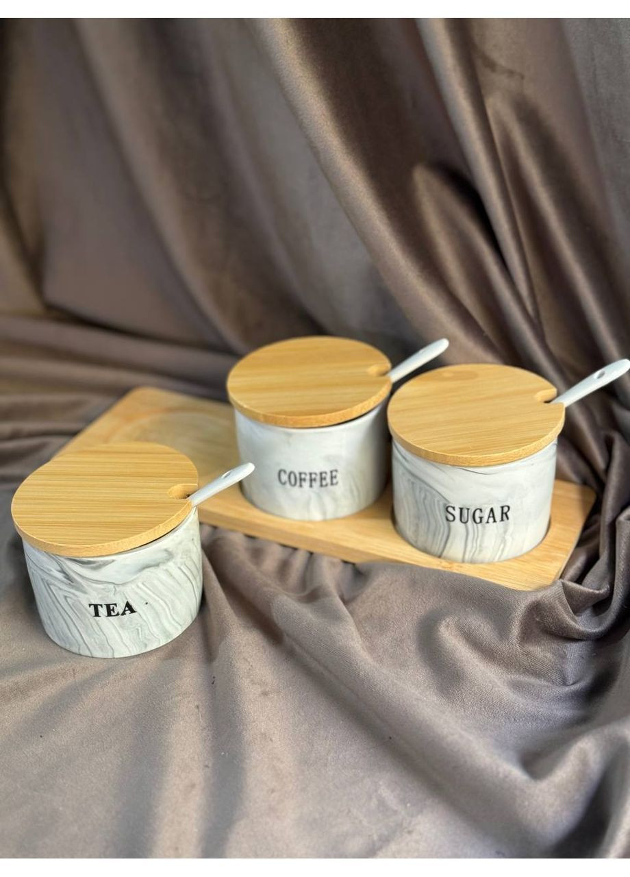 Набор банок для сыпучих продуктов SCT-660 фарфоровых на бамбуковой подставке 3 шт 180 мл Серый мрамор Yiwu (366081681)