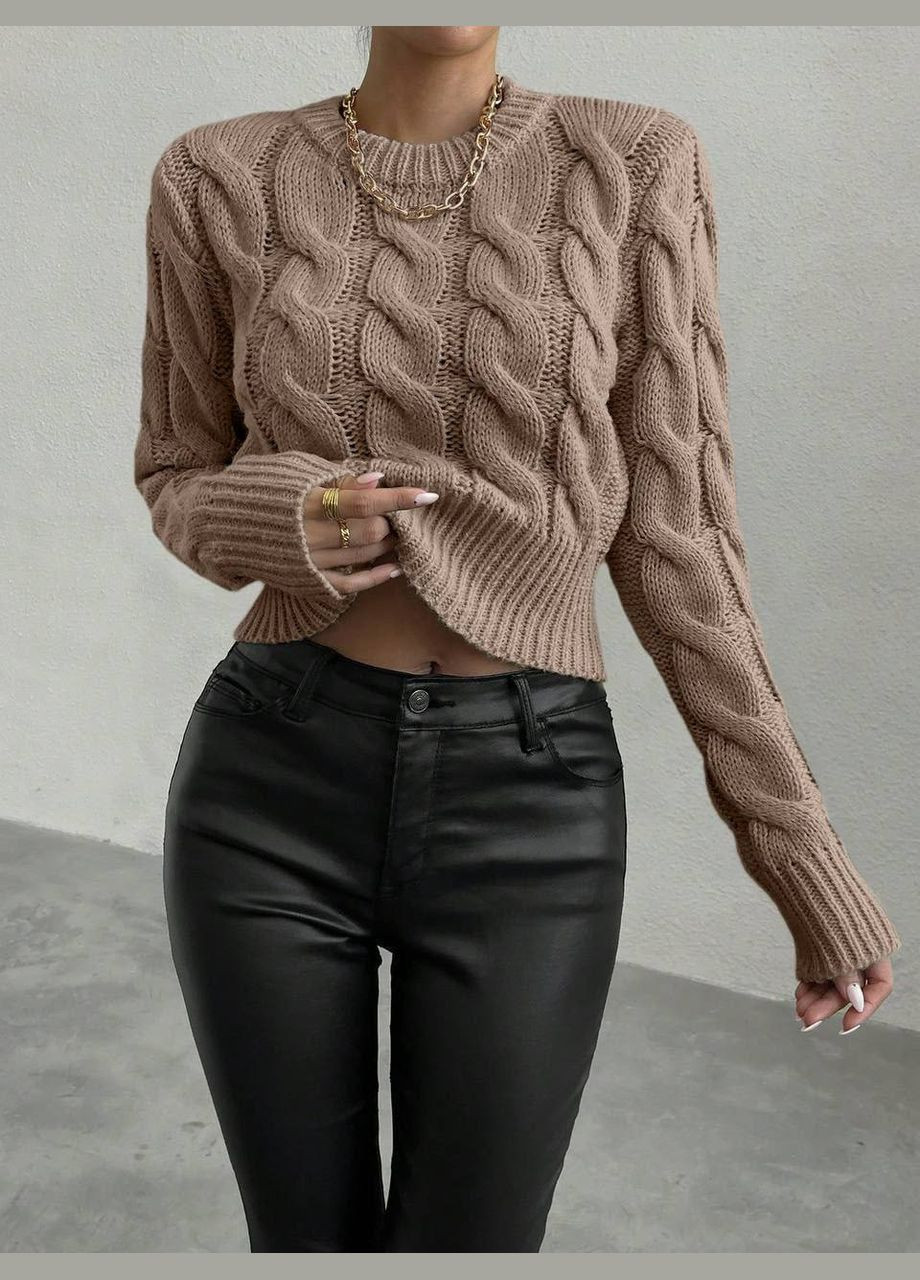 Коричневий демісезонний жіночий светр в'язка з візерунком No Brand