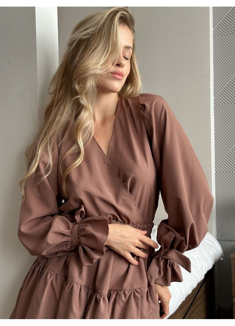 Коричневое праздничный, вечернее, кэжуал женское платье с воланами а-силуэт Style Point однотонное