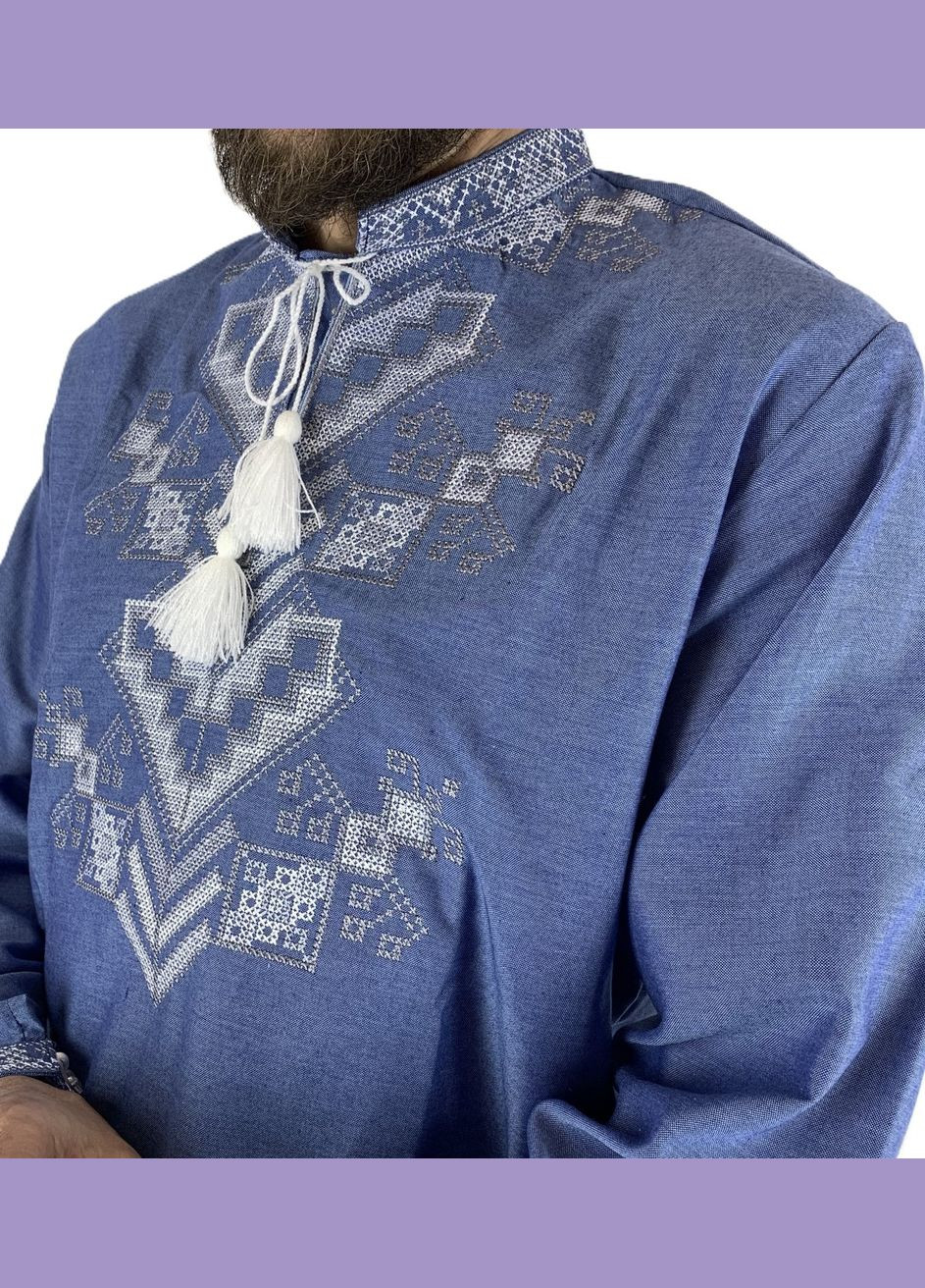 Синяя мужская натуральная вышиванка дерево жизни серо-белые нити НоКо узор орнамент свободная, прямой хлопок (314963713)