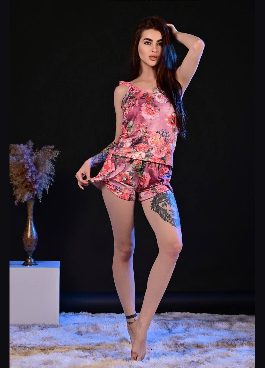 Фиолетовая всесезон пижама женская фиолетового цвета с цветочным принтом майка + шорты No Brand Жіночі піжами