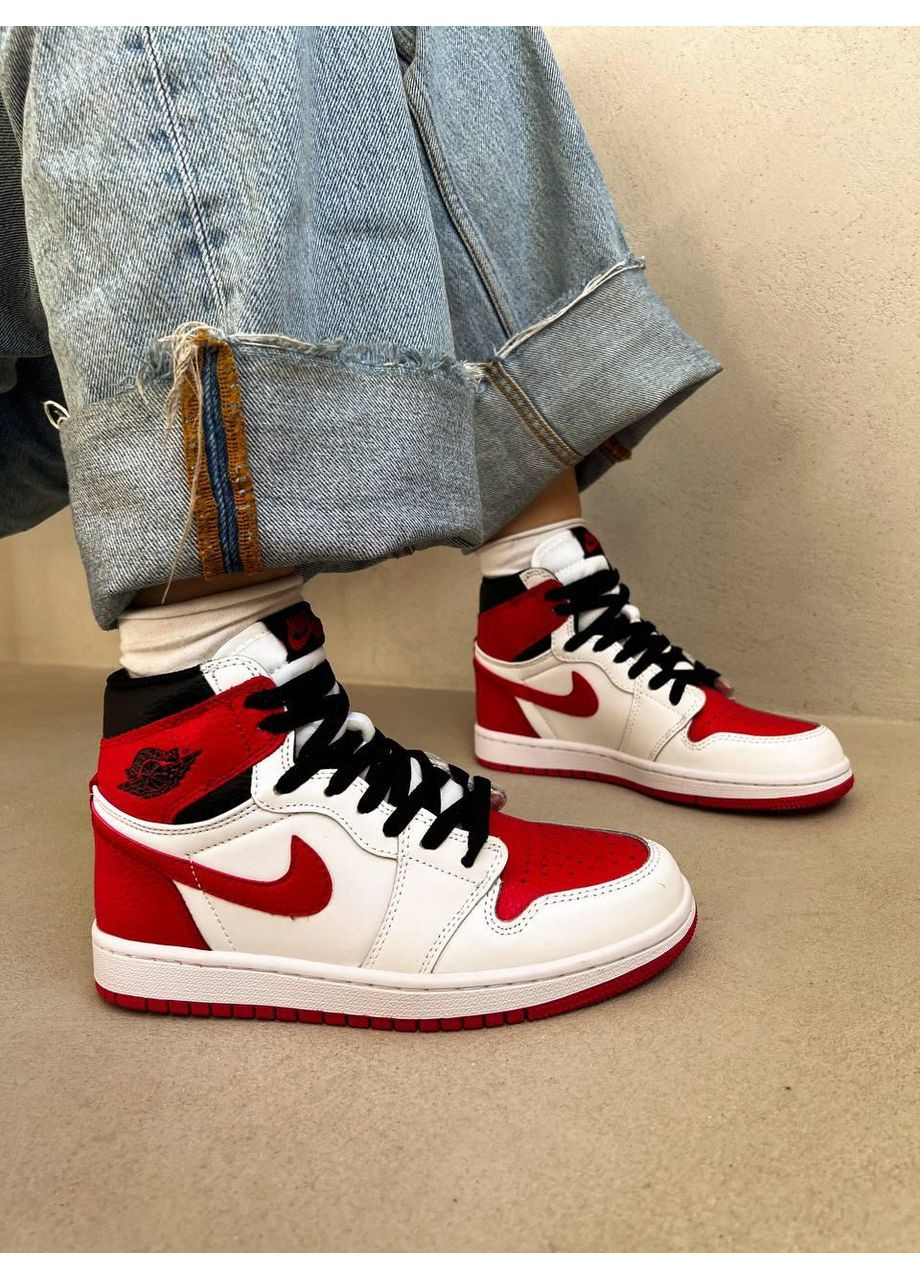 Білі Осінні кросівки чоловічі nike air jordan 1 retro white university red найк аір джордан No Brand