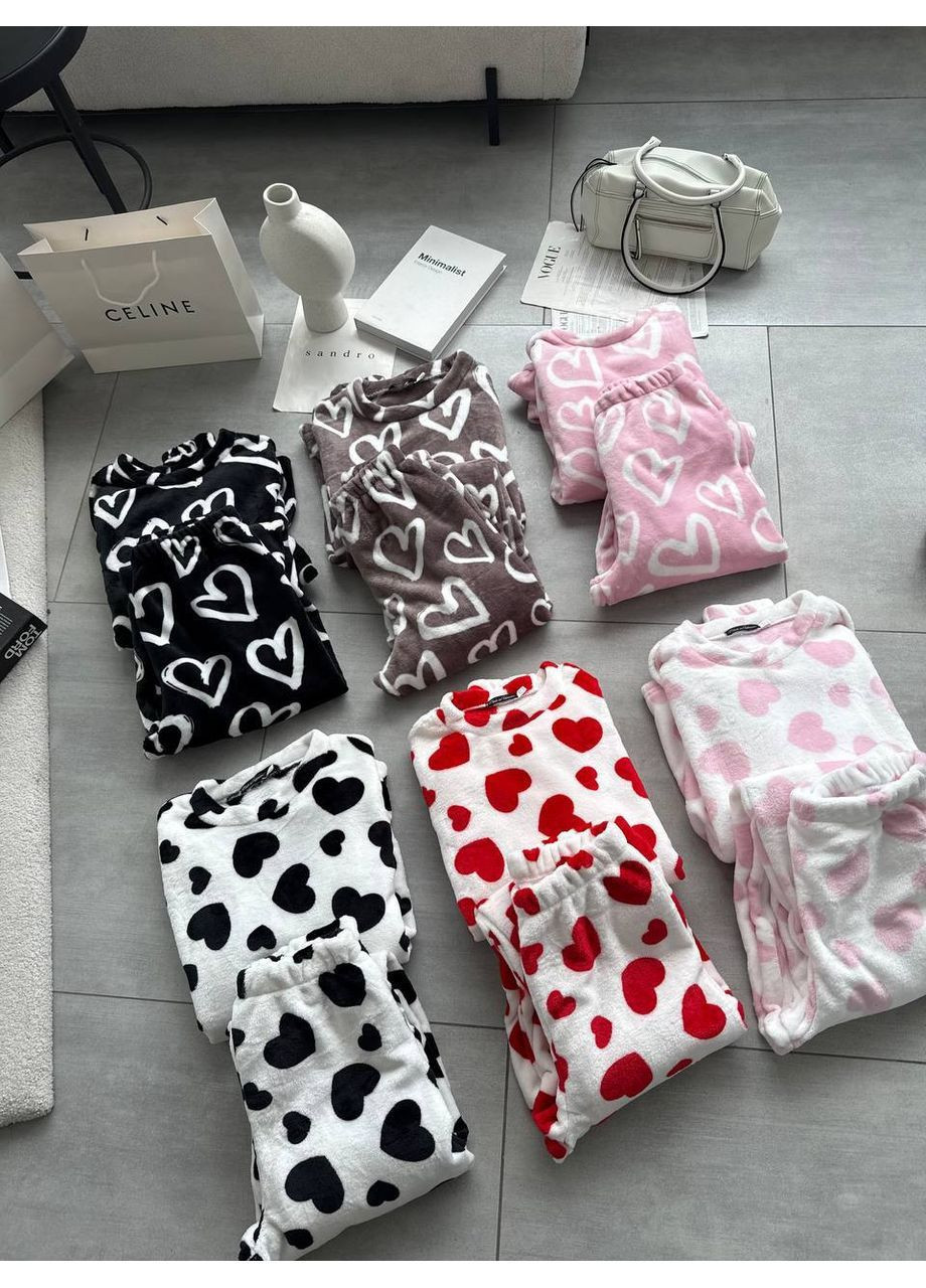 Кавова піжама у сердечка махра,кофта та штани Україна