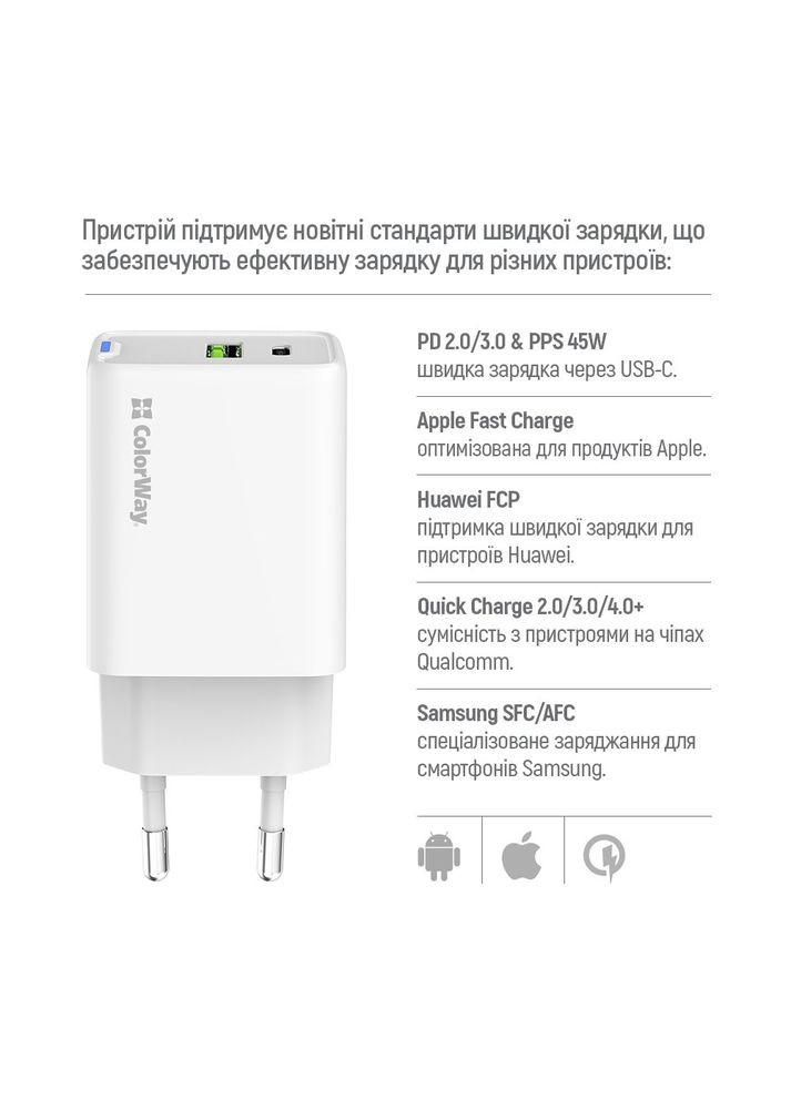 Мережевий зарядний пристрій GaN Mini 45W PD Port PPS USB (Type-C PD + USB QC4.0) White (CW-CHS060PD-WT) Colorway (370984681)