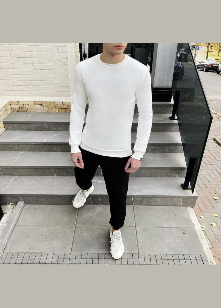 Молочный базовый мужской молочный свитшот с начесом однотонный без декора (346085221)