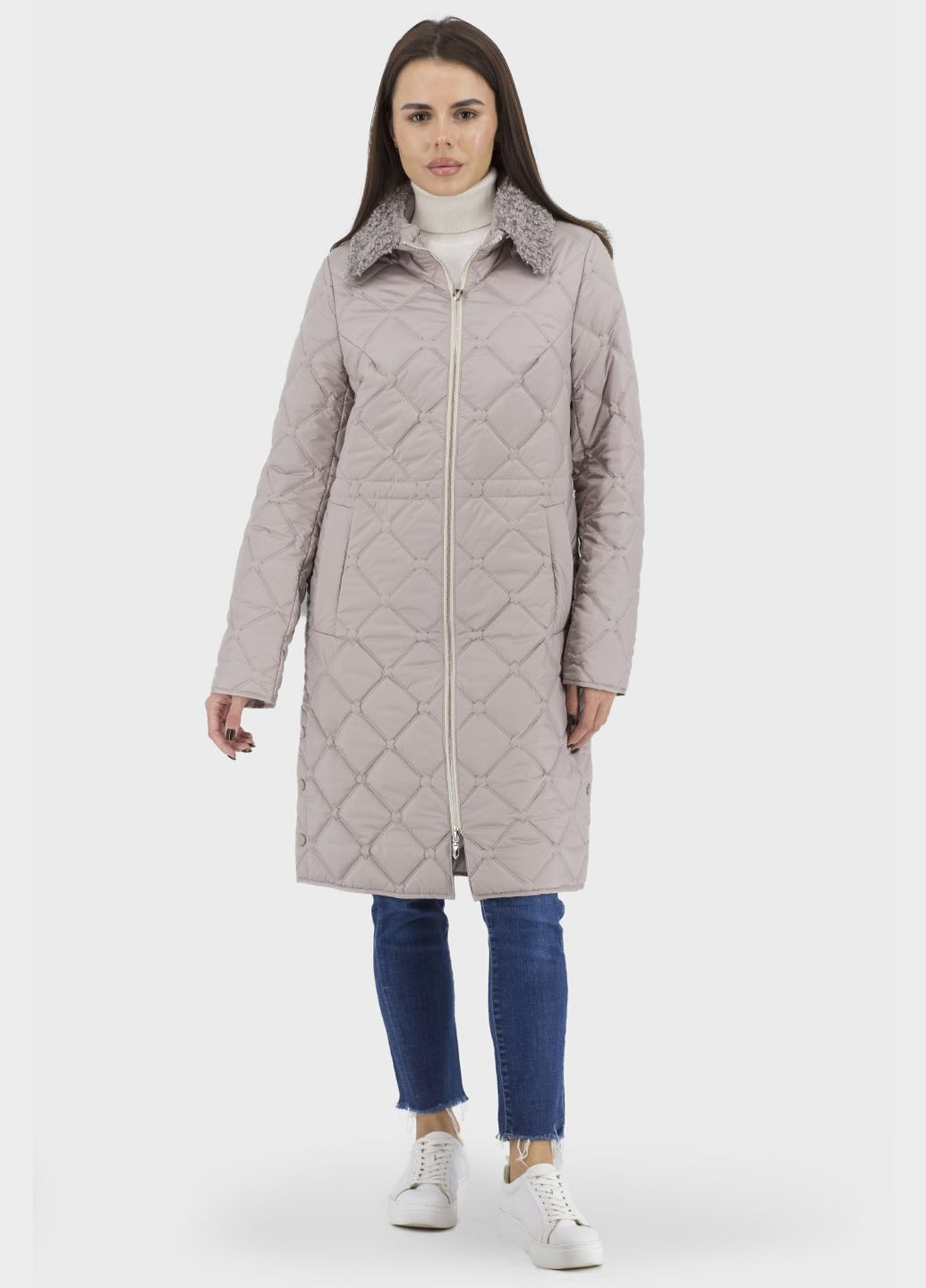 Бежевое демисезонное Длинное женское стеганое пальто на Thinsulate™ съемным мехом, приталенный крой, casual стиль Stella Polare (, ), 38514 No Brand